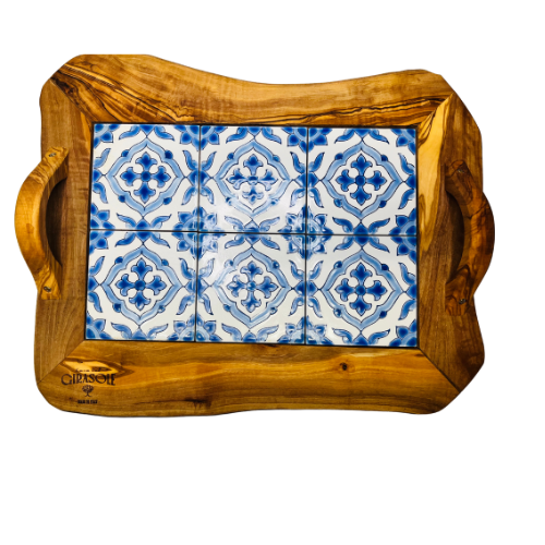 Dienblad van keramiek met houten handvatten 42x30x6 cm
