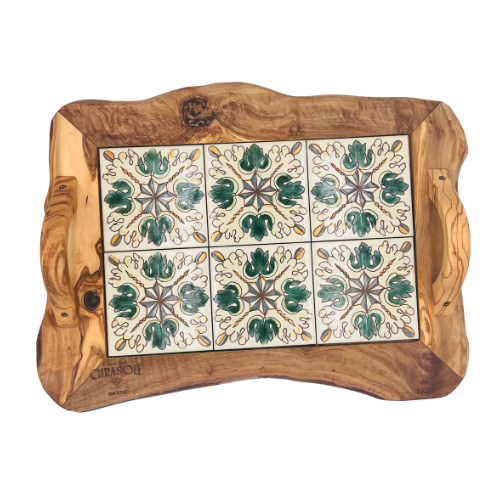 Dienblad van keramiek met houten handvatten 42x30x6cm
