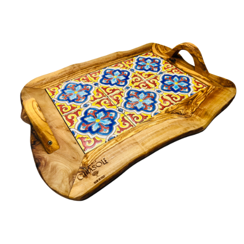 Dienblad van keramiek met houten handvatten 42x30x6cm