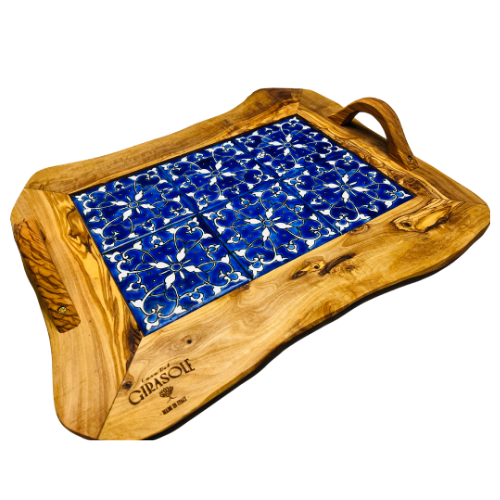 Dienblad van keramiek met houten handvatten 42x30x6 cm