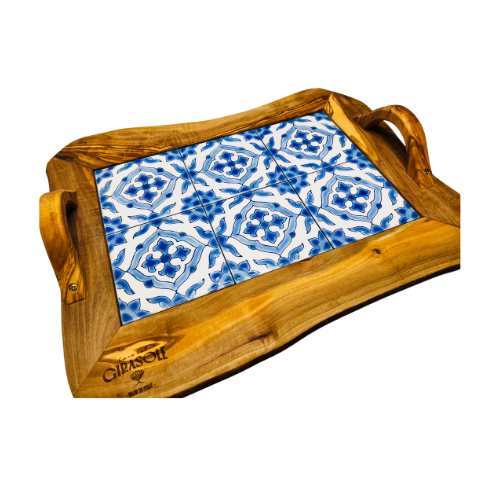 Dienblad van keramiek met houten handvatten 42x30x6 cm