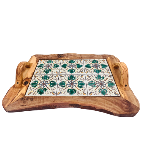 Dienblad van keramiek met houten handvatten 42x30x6cm